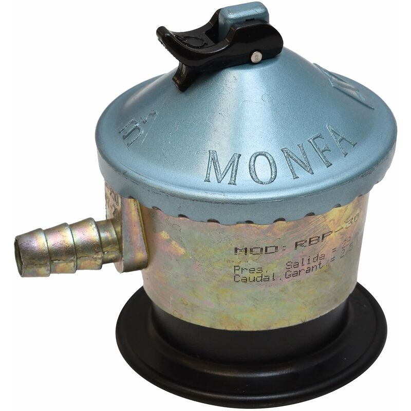 

Regulador nacional MONFA para botella doméstica gas butano presión de salida 30 mbar con salida boquilla diam 10 mm