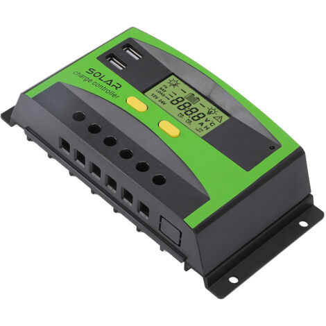 Regulador PWM de 12V/24V 60A con pantalla LCD, dos puertos USB y botones.