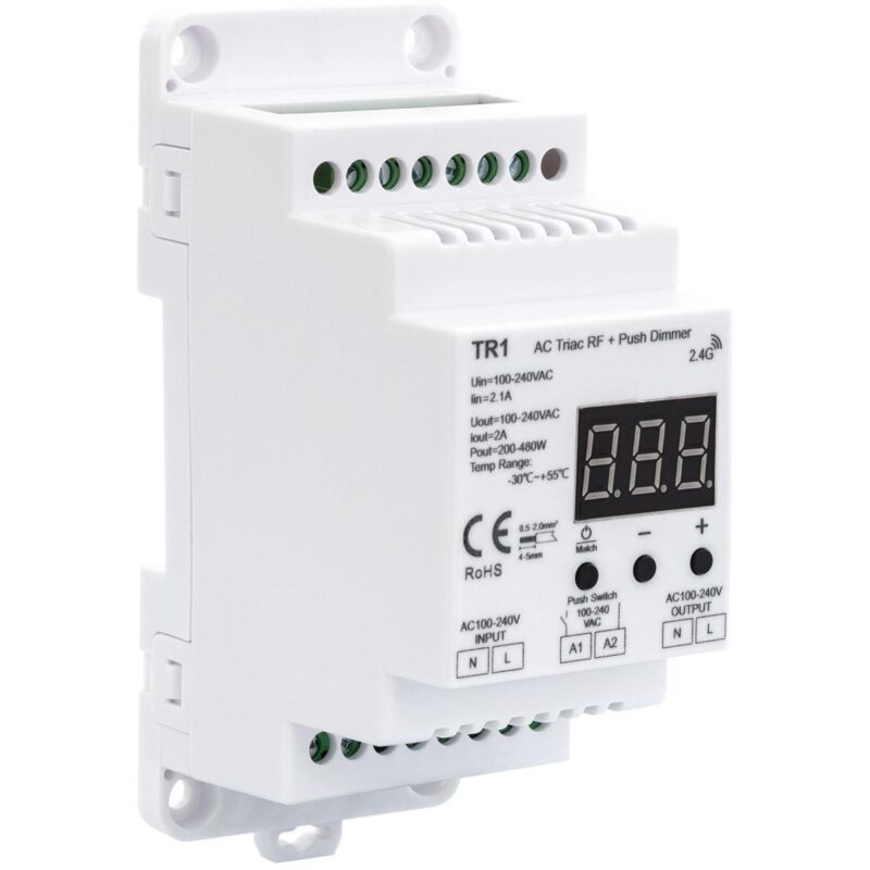 

Regulador Universal LED Triac RF/Pulsador para Carril DIN Blanco. - Blanco