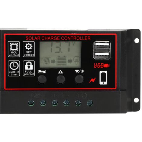 Regulateur Charge Solaire PWM Controleur Intelligent 60A LCD avec USB 5V pour Batteries 12V/24V