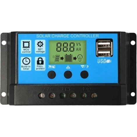 Régulateur de charge de panneau solaire PWM, 12 V/24 V, 30 A, écran LCD, double port USB