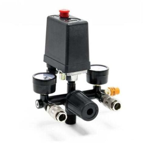 Régulateur de pression 165 x 130 x 200 mm avec pressostat pour compresseur avec 2 afficheurs, 2 raccords et soupape de sécurité, réducteur de pression