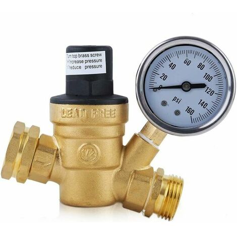 Régulateur de pression d'eau 3/4 NH Laiton Réducteur de pression d'eau réglable sans plomb avec manomètre pour camping-car et filtre d'entrée