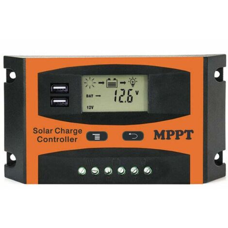 Régulateur solaire et éolien Contrôleur solaire reconnu automatiquement 12 Tension/24 Tension Régulateur de batterie de panneau solaire Contrôleur solaire à double affichage LCD USB, 30A