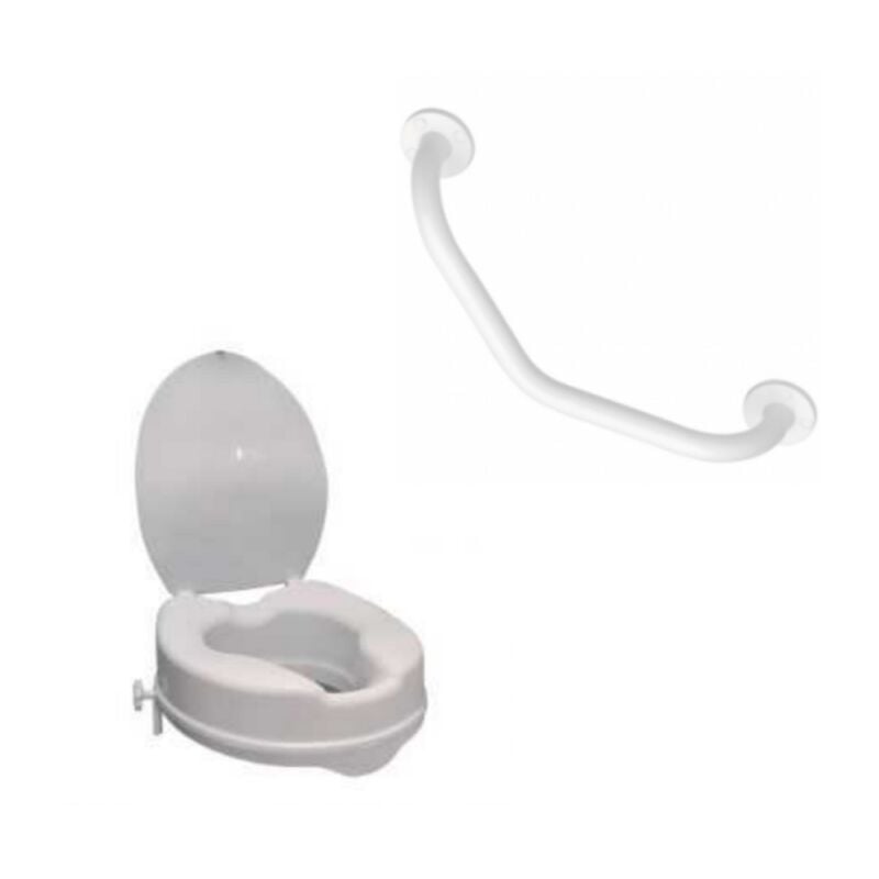 Réhausse WC PMR PELLET plastique blanc avec abattant 10 cm + Barre de maintien coudée PMR PELLET Essentiel
