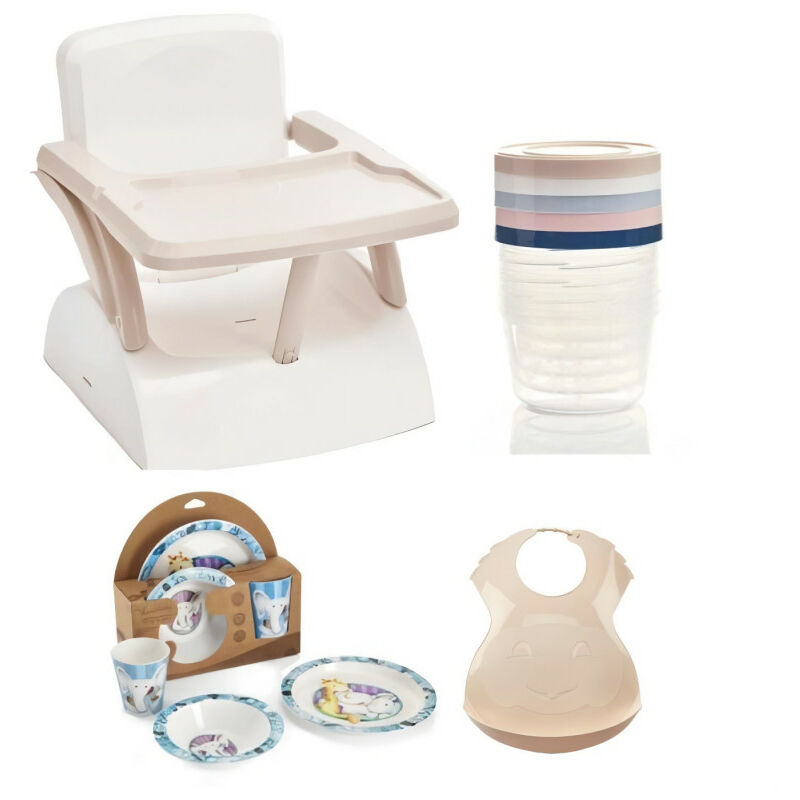 Thermobaby - Rehausseur de chaise pour enfant + Boîtes de conservation + Coffret vaisselle micro-ondes + Bavoir semi-rigide
