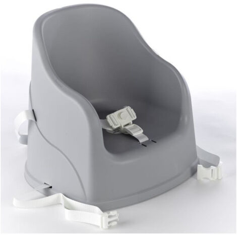 Rehausseur de chaise Tudi gris – Polypropylène sans BPA – Harnais 3 points – Dimensions H.356 x L.368 x P.360 mm – Poids 0,84 kg – Thermobaby