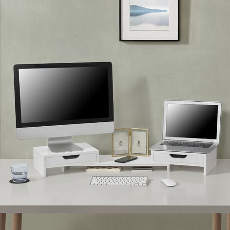 Relaxdays Support d'écran en bambou, 5 tiroirs, réhausseur d'écran  d'ordinateur/laptop, HxLxP : 14 x 54 x 23 cm, naturel