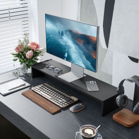 Rehausseur écran PC bureau support d'écran d'ordinateur de 100 cm support moniteur avec deux compartiments. noir
