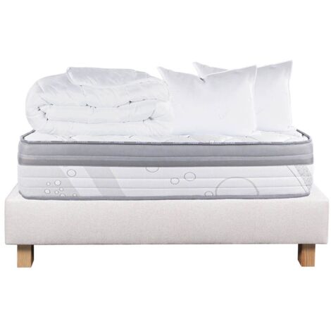REINALD - Pack Matelas + Sommier Tapissier Beige 140x190 cm + 2 Oreillers + 1 Couette