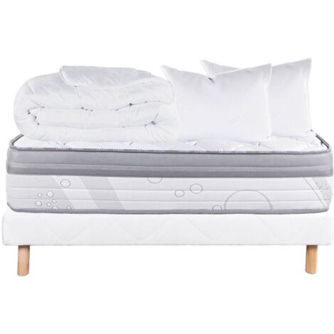 REINALD - Pack Matelas + Sommier Tapissier Blanc 140x190 cm + 2 Oreillers + 1 Couette