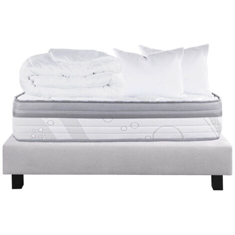 REINALD - Pack Matelas + Sommier Tapissier Gris 160x200 cm + 2 Oreillers + 1 Couette