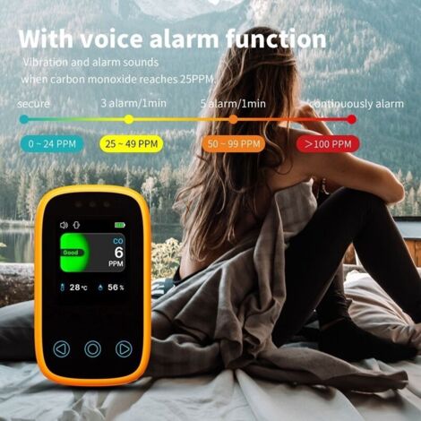 Reise-Kohlenmonoxidmelder, wiederaufladbarer CO-Alarm, Mini-Kohlenmonoxidmelder für Campingzelte mit HD-Farbdisplay, Orange