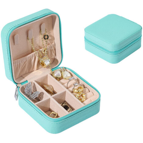 Reise-Schmuckkästchen aus PU-Leder mit perlmuttfarbenem Samtfutter und herausnehmbaren Einsätzen, 10 x 10 x 5 cm – Organisieren Sie Ihre Accessoires auf Reisen (Grau, Rosa, Blau, Gelb, Braun)