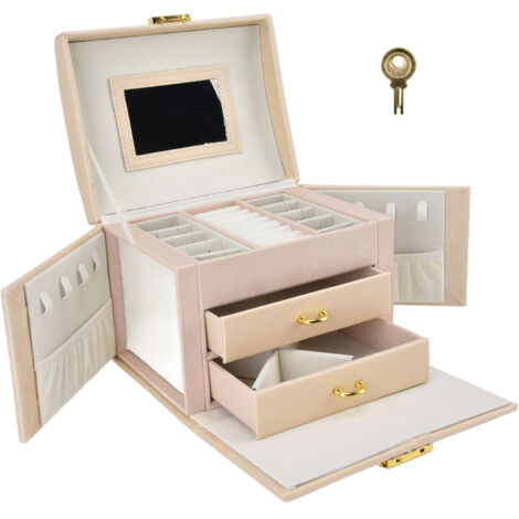 Reise-Schmuckkoffer mit zwei Schubladen und Schlüssel, sichere Aufbewahrungsbox für Ringe, Halsketten und Accessoires