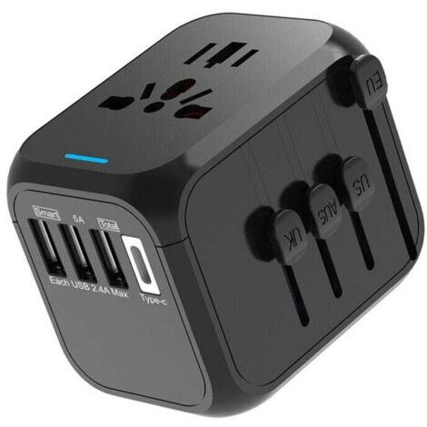Reiseadapter, Universal-Steckeradapter mit Typ-C + 3 USB-Anschlüssen und AC-Steckdose, Frankreich nach USA, Großbritannien, Deutschland, Thailand, Italien, Australien, China, Japan, Steckeradapter Ter