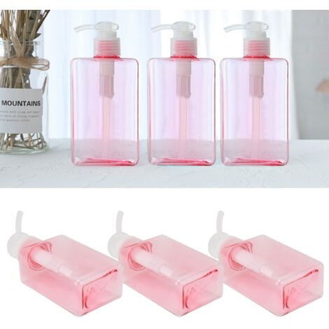 Reiseflasche – 3-teilig aus PET/PP – 100 ml, transparent rosa – nachfüllbar mit ergonomischer Pumpe für Shampoo, Duschgel und flüssige Creme