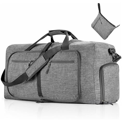 Reisetasche für Herren, 65 l, faltbar, Reisetasche mit Schuhfach, Übernachtungstasche für Herren und Damen, wasserdicht und reißfest (grau)