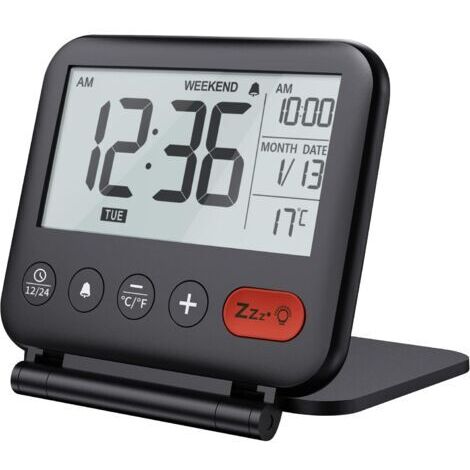 Reisewecker, Mini-tragbare LCD-Digitaluhr mit hintergrundbeleuchtetem Kalender, 12/24-Stunden-Temperatur, Schminkspiegel, kleine faltbare Schreibtischuhr, batteriebetrieben