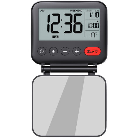 Reisewecker Tragbare Mini-LCD-Digitaluhr mit hintergrundbeleuchtetem KalenderTemperature Make-up-Spiegel Kleine faltbare batteriebetriebene Tischuhr (schwarz)