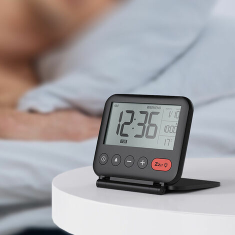 Reisewecker, tragbare Mini-LCD-Digitaluhr mit Hintergrundbeleuchtung, Kalender, Temperatur, 12/24 Stunden, Schminkspiegel, kleine, faltbare, batteriebetriebene Tischuhr (schwarz)