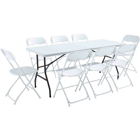 Rekkem – Ensemble table et chaises pliantes 180 cm – 8 places – Acier époxy et polyéthylène haute densité – Résistant aux chocs et fissures