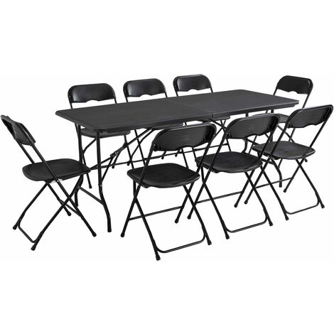 Rekkem – Ensemble table pliante 180x75cm et 8 chaises noires – Acier époxy – Charge max table 150kg – Usage intérieur et extérieur