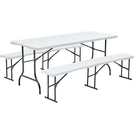 Rekkem – Table pliante 180 cm pour 8 personnes – 2 bancs pliants en polyéthylène haute densité – Usage intérieur et extérieur – Acier époxy noir
