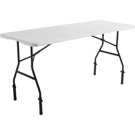Rekkem – Table pliante extensible blanche 180 cm – Réhausses ajustables de 74 à 90 cm – Structure acier époxy – Plateau en polyéthylène haute densité