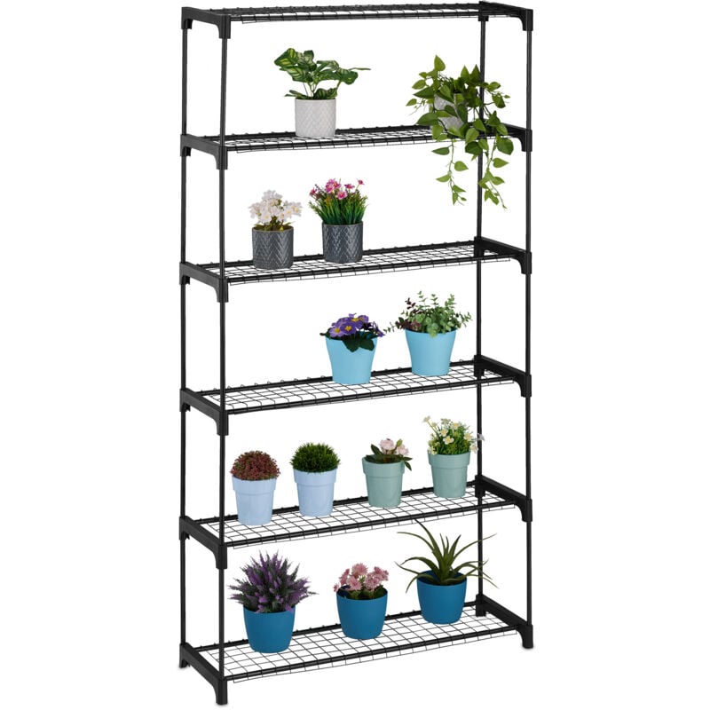 Tagère à plantes, 6 niveaux, pour vos trésors verts, métal et plastique, h x l x p : 174 x 91 x 28 cm, noire - Relaxdays