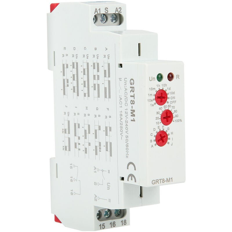Relais temporisé GRT8-M1 avec 10 fonctions 35MM montage rail din ac/dc 12V 240V 50-60Hz