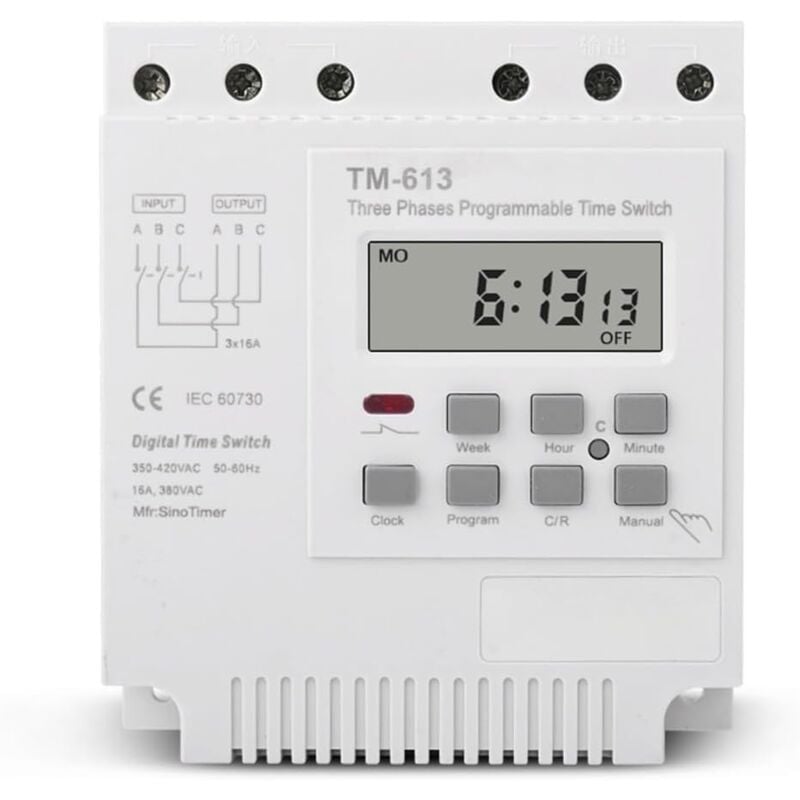 Relais temporisé programmable, TM-163 Interrupteur temporisé Contrôle de puissance Mémoire Off Programmable Hebdomadaire Numérique Triphasé 380V
