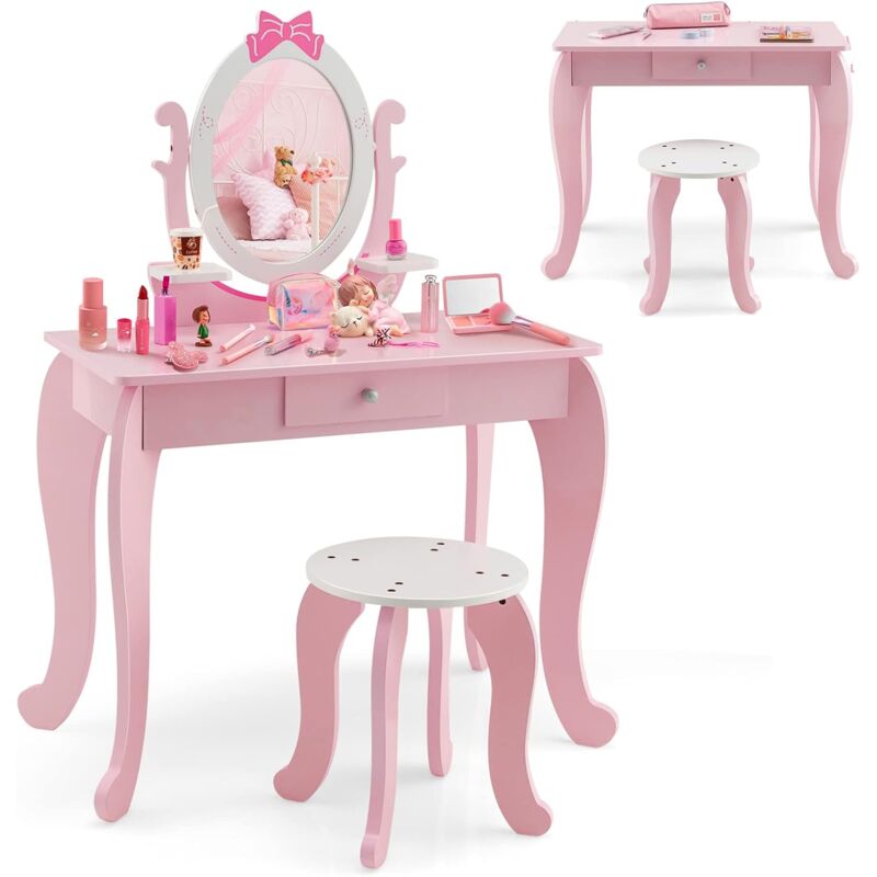 LIFEZEAL Tavolo Toeletta 2 In 1 Per Bambine Con Specchio E Sgabello Rimovibili, In Legno E Cassetto, Rosa/Bianco