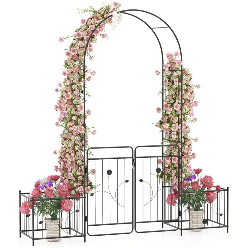 Relax4life - 2.2M Arche de Jardin avec Treillis, Arche Extérieure avec Portail et 2 Jardinières, Arche en Métal Robuste pour Plantes Grimpantes,
