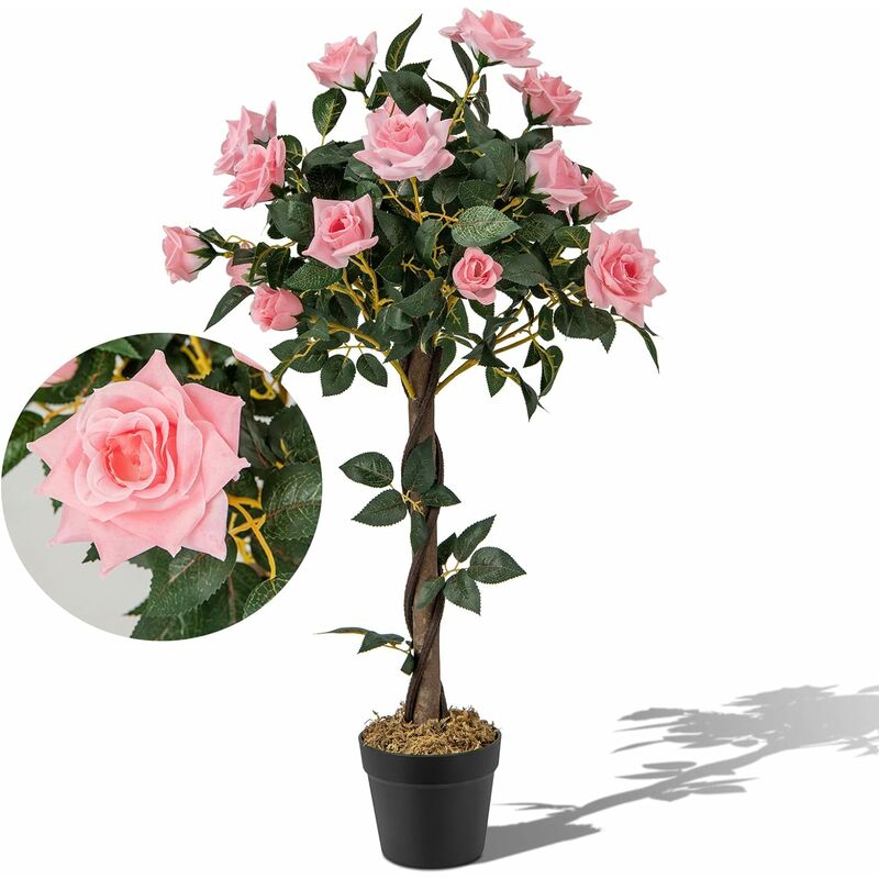 Arbre à Roses Artificiel 93 cm avec Tronc en Bois Véritable, 259 Feuilles et 21 Fleurs, Rosier Artificielle en Pot, Décoration Extérieure ou