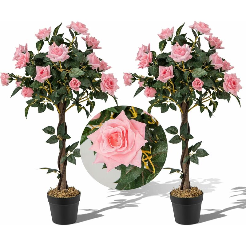 Relax4life - Arbre à Roses Artificiel 93 cm avec Tronc en Bois Véritable, 259 Feuilles et 21 Fleurs, Rosier Artificielle en Pot, Décoration