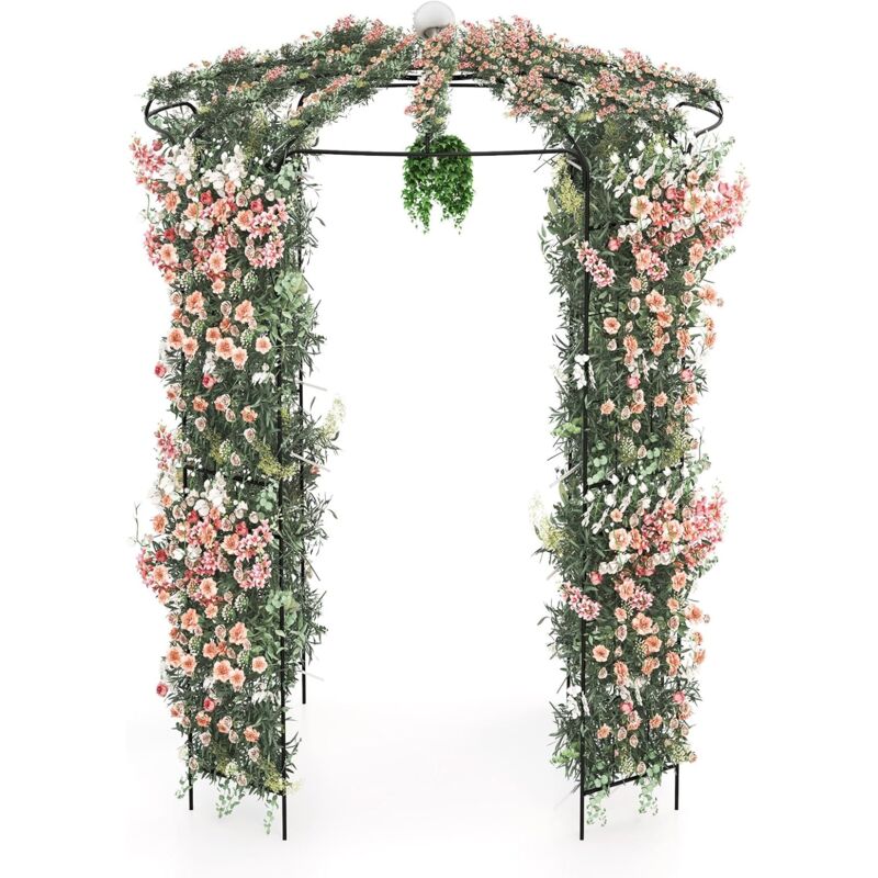 Arche à Rosiers de Style Français Pergola 206 x 206 x 286 cm avec Crochet de Suspension, Gazebo en Métal Forgé Robuste pour Plantes Grimpantes,