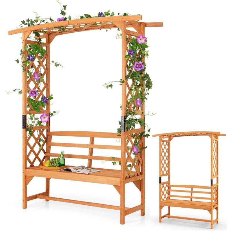 Relax4life - Arche de Jardin avec Banc 2 Places et Treillis Latéral Supérieur pour Plantes Grimpantes, Arceau avec Banc de Jardin Décoratif