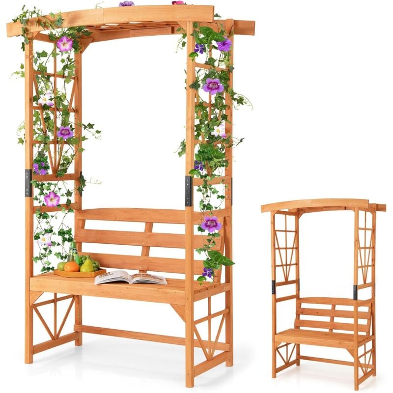 Relax4life - Arche de Jardin avec Banc 2 Places et Treillis Latéral Supérieur pour Plantes Grimpantes, Arceau avec Banc de Jardin Décoratif