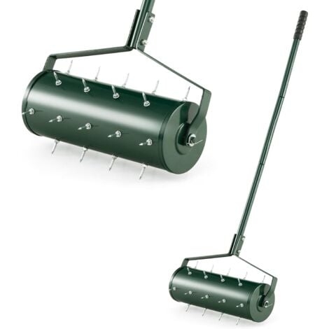 RELAX4LIFE Arieggiatore per Prato con Rullo da 44 cm/52 cm, 27/33 Punte Antiruggine da 3,4 cm, Aeratore da Prato con Manico Lungo, Ideale per Cortili, Giardini e Prato (Larghezza: 52 cm, Verde)