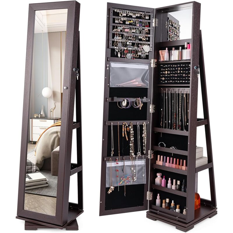 Relax4life - Armadietto Portagioie con Base Girevole a 360°, Specchio da Terra con Luci led a 3 Colori, Specchio a Figura Intera, Organizzatore per