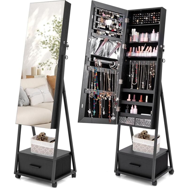 Relax4life - Armoire à Bijoux à Roulettes avec Miroir Pleine Longueur, Miroir Armoire Bijoux avec Porte Verrouillable, Grand Tiroir pour Dressing