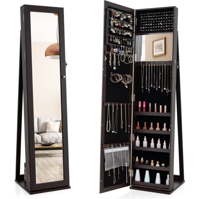 Relax4life - Armoire à Bijoux avec Miroir Pleine Longueur, Armoire a Bijoux avec Miroir sur Pieds, Verrouillable avec Clés, 3 Étagères de Rangement,