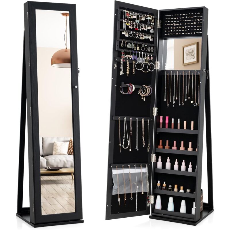 Relax4life - Armoire à Bijoux avec Miroir Pleine Longueur, Armoire a Bijoux avec Miroir sur Pieds, Verrouillable avec Clés, 3 Étagères de Rangement,