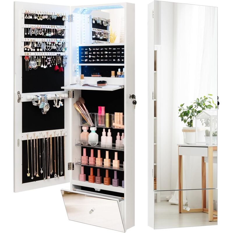 Armoire à Bijoux Mural avec Lumières led et Serrure, Organisateur pour Bijoux et Accessoires, Blanc - Relax4life