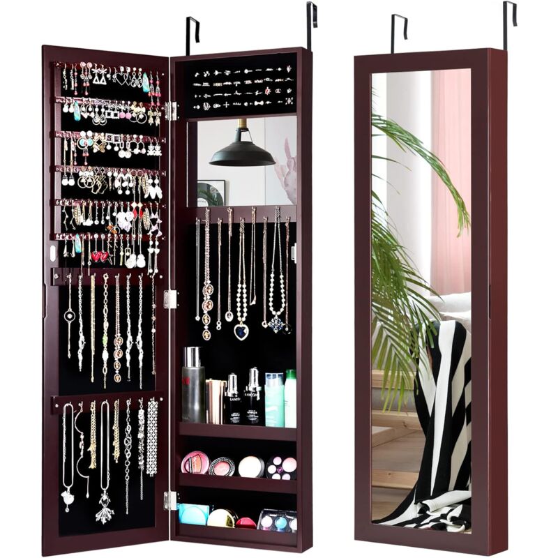 Relax4life - Armoire à Bijoux Murale Suspendue avec Miroir Pleine Longueur, Miroir Porte Bijoux avec 3 Garde-corps, Porte Magnétique & Doublure