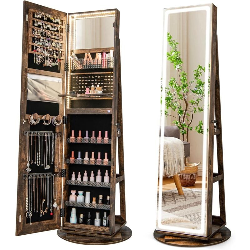 Armoire à Bijoux Pivotante à 360º avec Miroir led, Miroir Bijoux sur Pied avec Rangement Verrouillable, Éclairage led 3 Couleurs, Tablette Pliable