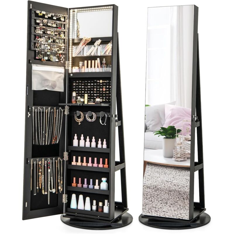 Relax4life - Armoire à Bijoux Pivotante à 360º avec Miroir Pleine Longueur, Miroir Bijoux sur pied avec Rangement, Éclairage led, 3 Étagères pour