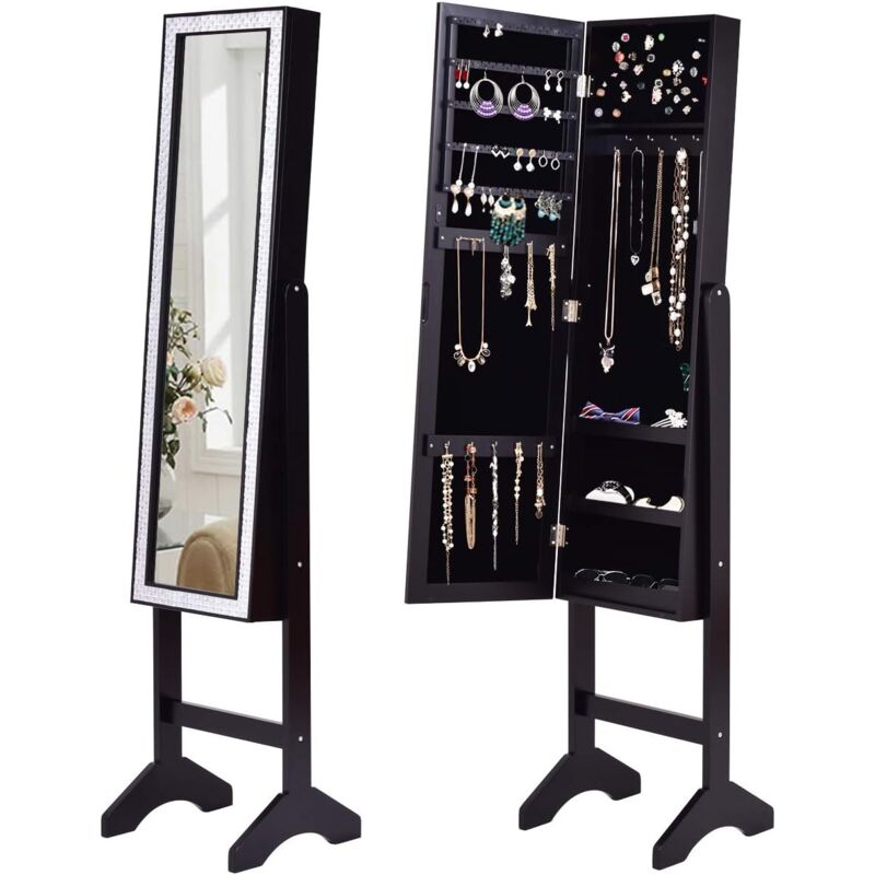 Relax4life - Armoire à Bijoux sur Pieds avec Miroir Pleine Longueur hd, Organisateur de Bijoux à Angle Réglable avec Cadre Strass, Grande Capacité