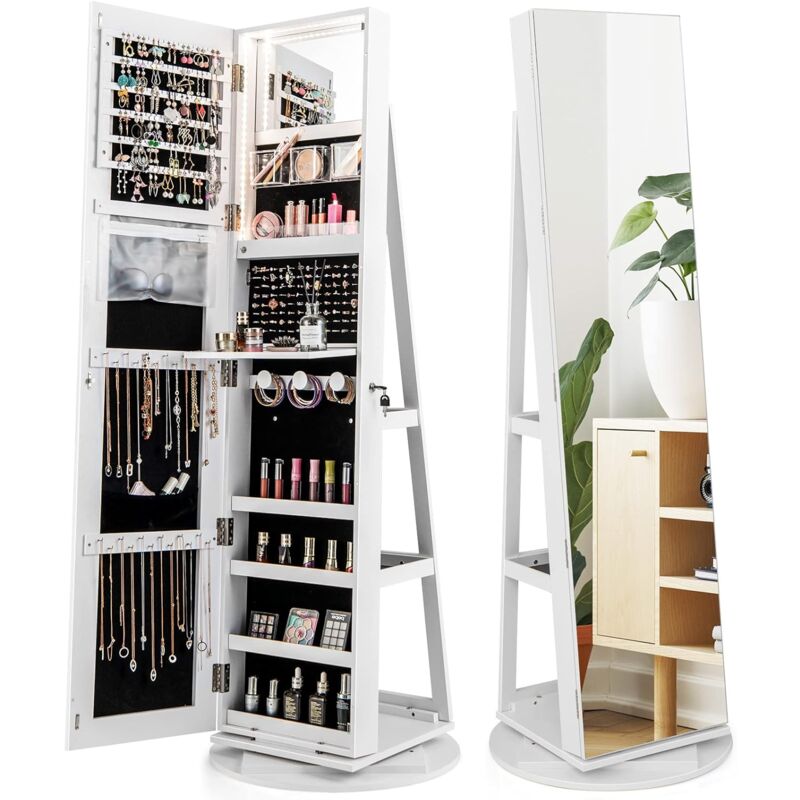 Relax4life - Armoire à Bijoux Rotative à 360° avec Miroir et Lumières led 3 Couleurs, Organisateur pour Bijoux 54,5 x 54,5 x 161 cm, Blanc